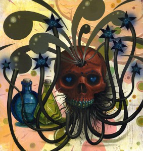Jeff  Soto -  <strong>Happy and Sad at the Same Time</strong> (2005<strong style = 'color:#635a27'></strong>)<bR /> Acrylic on Wood 
19 1/2 x 18 1/2 inches