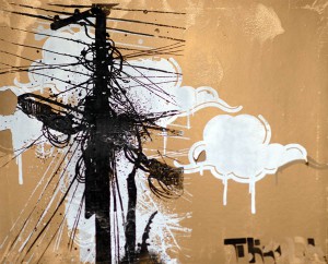 Hamilton  Yokota (Titi Freak) -  <strong>Postes</strong> (2006<strong style = 'color:#635a27'></strong>)<bR /> Mixed Media on Wood, 
 16 x 19 inches