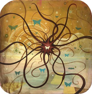 Jeff  Soto -  <strong>Butterfly Swarm</strong> (2005<strong style = 'color:#635a27'></strong>)<bR /> Acrylic on Wood 
14 3/4 x 14 3/4 inches