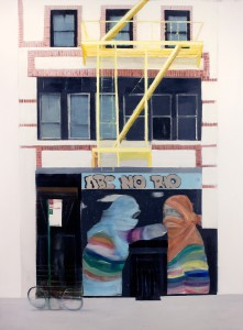 Brett Amory -  <strong>ABC No Rio (Waiting #250)</strong> (2015<strong style = 'color:#635a27'></strong>)<bR /> oil on canvas, 
 48 x 60 inches 
(121.92 x 452.4 cm)