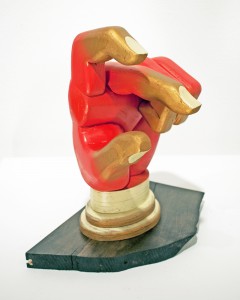 AJ  Fosik -  <strong>East</strong> (2011<strong style = 'color:#635a27'></strong>)<bR /> wood, paint and nails, 
 13 x 7 x 9 inches 
(33 x 17.78 x 22.86 cm)