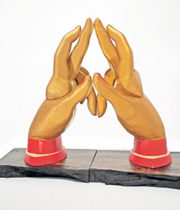 AJ  Fosik -  <strong>Six Point Hands</strong> (2011<strong style = 'color:#635a27'></strong>)<bR /> wood, paint and nails, 
 11 x 10.5 x 4.5 inches 
(27.94 x 26.67 x 11.43 cm)