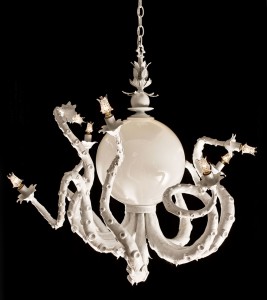 Adam  Wallacavage -  <strong>Large White Chandelier</strong> (2012<strong style = 'color:#635a27'></strong>)<bR /> glass, LED lights, lamp parts and epoxy resin, 
 32 x 35 inches 
(81.28 x 88.9 cm)