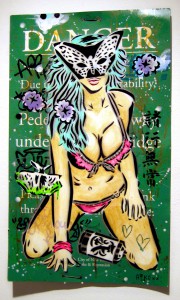 AIKO    -  <strong>Lady Dangerous</strong> (2012<strong style = 'color:#635a27'></strong>)<bR /> mixed media on found metal sign, 
 30 x 18 inches 
(76.2 x 45.72 cm)