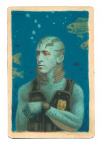 Alex  Gross -  <strong>Abe Sapien</strong> (2014<strong style = 'color:#635a27'></strong>)<bR /> mixed media on antique cabinet card photograph, 
 4.25 x 6.5 inches 
(10.8 x 16.51 cm) 
9 x 11 inches, FRAMED