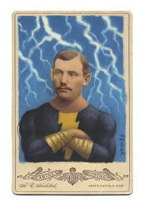 Alex  Gross -  <strong>Black Adam</strong> (2013<strong style = 'color:#635a27'></strong>)<bR /> mixed media on antique cabinet card photograph 
6 1/2 x 4 1/4 inches 
16.51 x 10.8 cm 
12 x 9 inches, framed