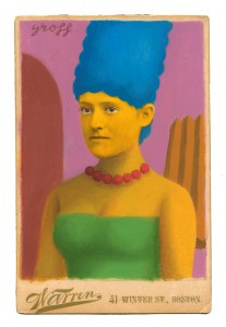 Alex  Gross -  <strong>Marge</strong> (2014<strong style = 'color:#635a27'></strong>)<bR /> mixed media on antique cabinet card photograph, 
 4.25 x 6.5 inches 
(10.8 x 16.51 cm) 
9 x 11 inches, FRAMED, 
 Please contact gallery for availability