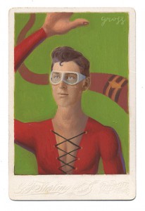 Alex  Gross -  <strong>Plasticman</strong> (2013<strong style = 'color:#635a27'></strong>)<bR /> mixed media on antique cabinet card photograph 
6 1/2 x 4 1/4 inches 
16.51 x 10.8 cm 
12 x 9 inches, framed