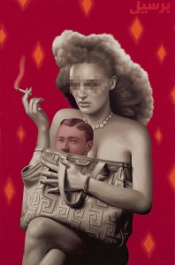 Alex  Gross -  <strong>Red Man</strong> (2011<strong style = 'color:#635a27'></strong>)<bR /> oil on panel, 
 34 x 22 inches 
(86.36 x 55.88 cm) 
framed dimensions TBD