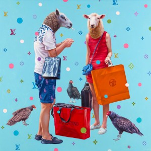 Alex  Gross -  <strong>Shopaholics</strong> (2014<strong style = 'color:#635a27'></strong>)<bR /> oil on canvas, 
 37 x 37 inches 
(93.98 x 93.98 cm)