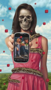 Alex  Gross -  <strong>T-Mobile</strong> (2011<strong style = 'color:#635a27'></strong>)<bR /> oil on panel, 
 30.5 x 17.5 inches 
(77.47 x 44.45 cm) 
framed dimensions TBD