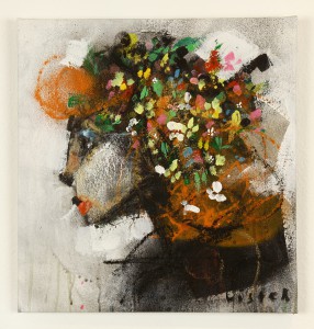 Anthony  Lister -  <strong>Antique Gaze</strong> (2014<strong style = 'color:#635a27'></strong>)<bR /> mixed media on canvas, 
 17 x 16 inches 
(43.18 x 40.64 cm)