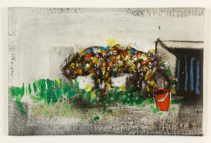 Anthony  Lister -  <strong>Pissing in a Bucket</strong> (2014<strong style = 'color:#635a27'></strong>)<bR /> mixed media on canvas, 
 11 x 17 inches 
(27.94 x 43.18 cm)