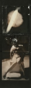 Ashley  Wood -  <strong>Arrival With ?</strong> (2012<strong style = 'color:#635a27'></strong>)<bR /> oil and acrylic on polaroid, 
 9 x 3.5 inches (22.86 x 8.89 cm) 
12.75 x 7.75 inches, framed