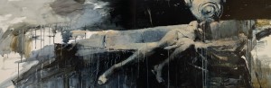 Ashley  Wood -  <strong>Favorite Sitting Device</strong> (2012<strong style = 'color:#635a27'></strong>)<bR /> oil and acrylic on panel, 
 24 x 72 inches (60.96 x 182.88 cm) 
26.75 x 74.625 x 2.25 inches, framed