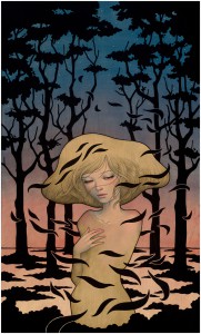 Audrey  Kawasaki -  <strong>Shadows</strong> (2012<strong style = 'color:#635a27'></strong>)<bR /> oil, acrylic and graphite on wood panel, 
 30 x 18 inches 
(76.2 x 45.72 cm) 
35.25 x 23.25 x 2 inches, framed