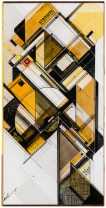 Augustine Kofie -  <strong>Golden filler tape system</strong> (2015<strong style = 'color:#635a27'></strong>)<bR /> found pressboard, acrylic, pencil, ball point pen, white-out and screen print on cradled birch panel finished in archival varnish and satin finish.  Framed in mahogany lattice and found vintage yardsticks, 
 15 x 30 x 1 5/8 inch 
(38.1 x 76.2 x 4.12 cm)<br type="_moz" />