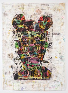 BAST -  <strong>GPO</strong> (2013<strong style = 'color:#635a27'></strong>)<bR /> silkscreen, acrylic, coffee stains, crayons, graphite
and paper on canvas
90 x 65 in.