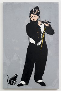 Blek le Rat    -  <strong>The Pied Piper</strong> (2013<strong style = 'color:#635a27'></strong>)<bR /> spray paint on canvas, 
 68 x 44 inches 
(172.72 x 111.76 cm)
