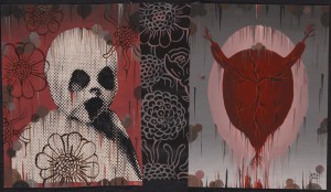 Gary  Baseman -  <strong>Authentic Voice (In Memoriam)</strong> (2011<strong style = 'color:#635a27'></strong>)<bR /> mixed media on canvas, 
 16 x 28 inches (40.64 x 71.12 cm) 
19 x 31.25 inches, framed