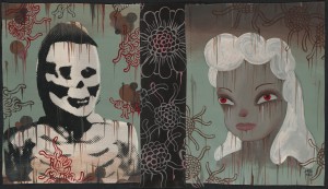 Gary  Baseman -  <strong>Bunny 1 (In Memoriam)</strong> (2011<strong style = 'color:#635a27'></strong>)<bR /> mixed media on canvas, 
 16 x 28 inches (40.64 x 71.12 cm) 
19 x 31.25 inches, framed