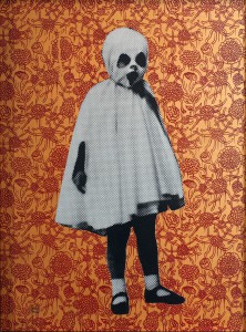 Gary  Baseman -  <strong>La Petite Mort (gold)</strong> (2011<strong style = 'color:#635a27'></strong>)<bR /> mixed media on canvas, 
 48 x 36 inches (121.92 x 91.44 cm) 
52 x 39.75 inches, framed