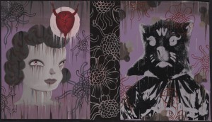 Gary  Baseman -  <strong>Shirley (In Memoriam)</strong> (2011<strong style = 'color:#635a27'></strong>)<bR /> mixed media on canvas, 
 16 x 28 inches (40.64 x 71.12 cm) 
19 x 31.25 inches, framed