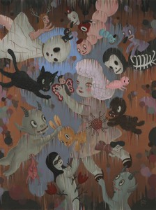 Gary  Baseman -  <strong>The Emancipation of Everything and Nothing</strong> (2011<strong style = 'color:#635a27'></strong>)<bR /> acrylic on canvas, 
 48 x 36 inches (121.92 x 91.44 cm) 
51.5 x 40 inches, framed