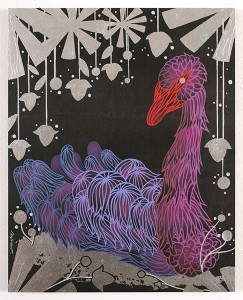 Andrew  Brandou -  <strong>Black Swan</strong> (2010<strong style = 'color:#635a27'></strong>)<bR /> acrylic, silver leaf and ink on panel, 
 20 x 15.75 inches 
(51 x 40 cm)