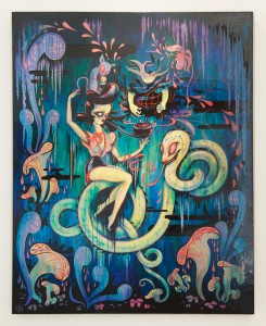 Camille Rose  Garcia -  <strong>Hello, Orpheus</strong> (2013<strong style = 'color:#635a27'></strong>)<bR /> acrylic and glitter on wood panel, 
 60 x 48 inches 
(152.4 x 121.9 cm)