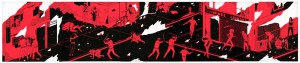 Cleon  Peterson -  <strong>Rule of Law 1</strong> (2014<strong style = 'color:#635a27'></strong>)<bR /> acrylic and spray paint on panel, 
 24 x 120 inches 
(60.96 x 304.80 cm)
