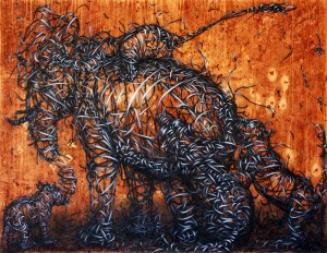 DALeast    -  <strong>O Agglutination O</strong> (2012<strong style = 'color:#635a27'></strong>)<bR /> ink, acrylic and tea on canvas, 
 55 x 70.5 inches 
(139.7 x 179 cm)