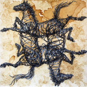 DALeast    -  <strong>Occult Himalayan</strong> (2012<strong style = 'color:#635a27'></strong>)<bR /> ink, acrylic and tea on canvas, 
 39 x 39 inches 
(99 x 99 cm)