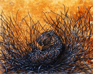 DALeast    -  <strong>Opacification</strong> (2012<strong style = 'color:#635a27'></strong>)<bR /> ink, acrylic and tea on canvas, 
 24.75 x 30 inches 
(62.87 x 76.2 cm)