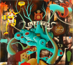 Doze  Green -  <strong>Lilith</strong> (2006<strong style = 'color:#635a27'></strong>)<bR /> Mixed Media on Canvas, 
 48 x 54 inches
