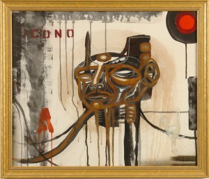 Doze  Green -  <strong>Bring me the Head of Ramm</strong> (2006<strong style = 'color:#635a27'></strong>)<bR /> Mixed Media on Panel, 
 Framed size: 22 1/2 x 26 3/4 inches