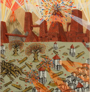 Andrew  Schoultz -  <strong>Small Worlds</strong> (2006<strong style = 'color:#635a27'></strong>)<bR /> Acrylic on Wood, 
 14 x 13 1/2 inches