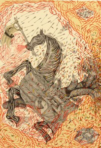 Andrew  Schoultz -  <strong>Horse Under Fire</strong> (2006<strong style = 'color:#635a27'></strong>)<bR /> Acrylic on Paper, 
 Framed size: 28 1/4 x 21 1/4 inches, 
 Image size: 22 x 14 1/2 inches
