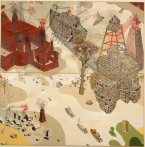 Andrew  Schoultz -  <strong>Riverbank Elephant</strong> (2006<strong style = 'color:#635a27'></strong>)<bR /> Acrylic on Wood, 
 Diptych, 
 4 x 8 feet each panel 
8 x 8 feet total