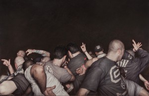Dan  Witz -  <strong>Agnostic Front</strong> (2014<strong style = 'color:#635a27'></strong>)<bR /> <span style="color: rgb(102, 102, 102); font-family: Avenir, Helvetica, Arial, sans-serif;">oil and digital media on canvas'</span>, 
 48 x 76 inches 
(121.92 x 193.04 cm)