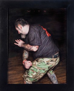 Dan  Witz -  <strong>Agnostic Front - Camo Study</strong> (2014<strong style = 'color:#635a27'></strong>)<bR /> oil and digital media on canvas, 
 15 x 9 inches 
(38.1 x 22.86 cm)