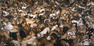Dan  Witz -  <strong>Dog Diptych</strong> (2003<strong style = 'color:#635a27'></strong>)<bR /> oil and mixed media on canvas, 
 44 x 88 inches 
(111.76 x 223.52 cm)