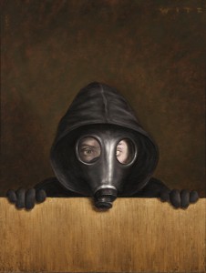 Dan  Witz -  <strong>Tiffy Hoody Gas Mask</strong> (2011<strong style = 'color:#635a27'></strong>)<bR /> oil and digital media on canvas, 
 20 x 15 inches (50.8 x 38.1 cm) 
23.75 x 19.5 inches, framed