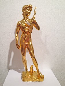 Blek le Rat    -  <strong>David with Kalashnikov</strong> (2013<strong style = 'color:#635a27'></strong>)<bR /> bronze gilded with 24 karat gold leaf, 
 16 x 5.5 x 4 inches 
(40.64 x 13.97 x 10.16 cm), 
 Edition of 8