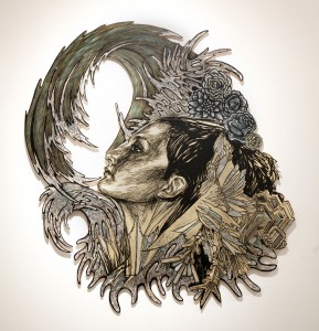 Dennis  McNett -  <strong>Ice Queen in Winter Water</strong> (2013<strong style = 'color:#635a27'></strong>)<bR /> collaboration with Swoon, 
 woodcarving and pasted woodcut print, 
 42 x 46 inches 
(106.68 x 116.84 cm)