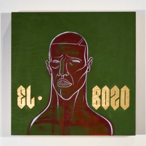 Doze  Green -  <strong>El Bozo</strong> (2014<strong style = 'color:#635a27'></strong>)<bR /> mixed media on canvas, 
 14 x 14 inches 
(35.56 x 35.56 cm)