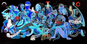 Doze  Green -  <strong>Third Day of Night</strong> (2012<strong style = 'color:#635a27'></strong>)<bR /> acrylic and spray paint on canvas, 
 24 x 48 x 1.25 inches 
(60.96 x 121.92 x 3.175 cm)