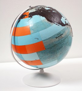 Dylan  Egon -  <strong>Globe (orange, blue, black)</strong> (2009<strong style = 'color:#635a27'></strong>)<bR /> mixed media, 
 14.5 x 12 x 12 inches 
(36.83 x 30.48 x 30.48 cm)