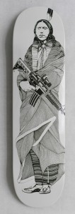 Dylan  Egon -  <strong>Quanah Skateboard</strong> (2014<strong style = 'color:#635a27'></strong>)<bR /> print on skateboard deck, 
 32 x 8 inches 
(81.28 x 20.32 cm) 
Edition of 14