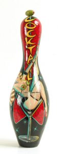 Kirsten  Easthope -  <strong>Martini Time</strong> (<strong style = 'color:#635a27'></strong>)<bR /> acrylic on bowling pin, 
 15 1/2 x 4 in. (39.37 x 10.16 cm)